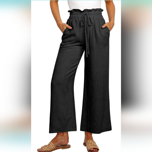 ANRABESS Women's Linen Pants Casual Loose High Waist Drawstring Wide Leg - Picture 2 of 15